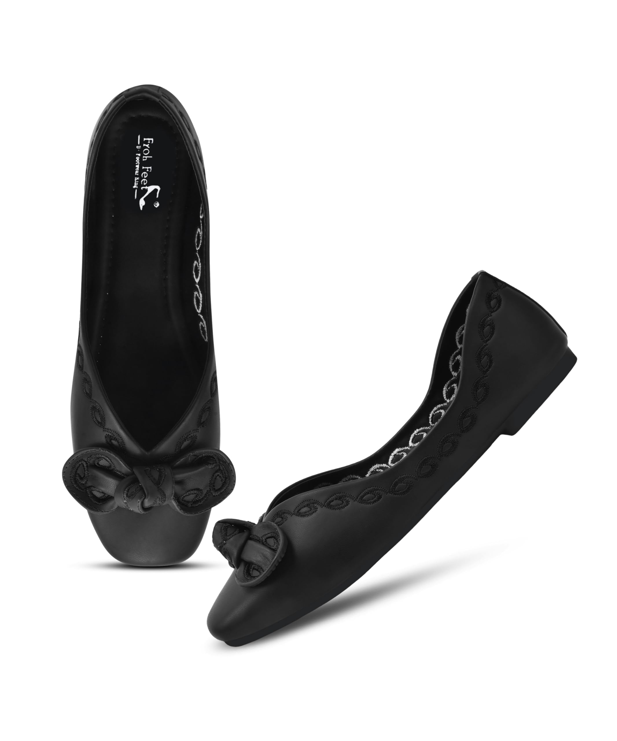 Froh Feet Embroidered Ballet Flats for Women Designer Look Bellies with Detailed Scalloped Stitching and Decorative Bow-picture-20