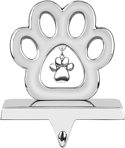 Hooqict Juego de 4 soportes de calcetines de Navidad con diseño de pata de perro para chimenea, soportes de metal plateado, clips de calcetines de