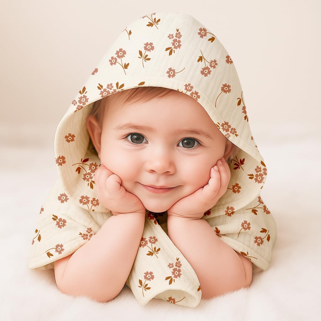 Hooded Baby Towels 2 Pack, Muslin Baby Bath Towels with Hood for Newborn Infant and Toddler, Soft Breathable & Absorbent, 32" x 32" (Hopping Bunnies & Beige, Heavyweight)