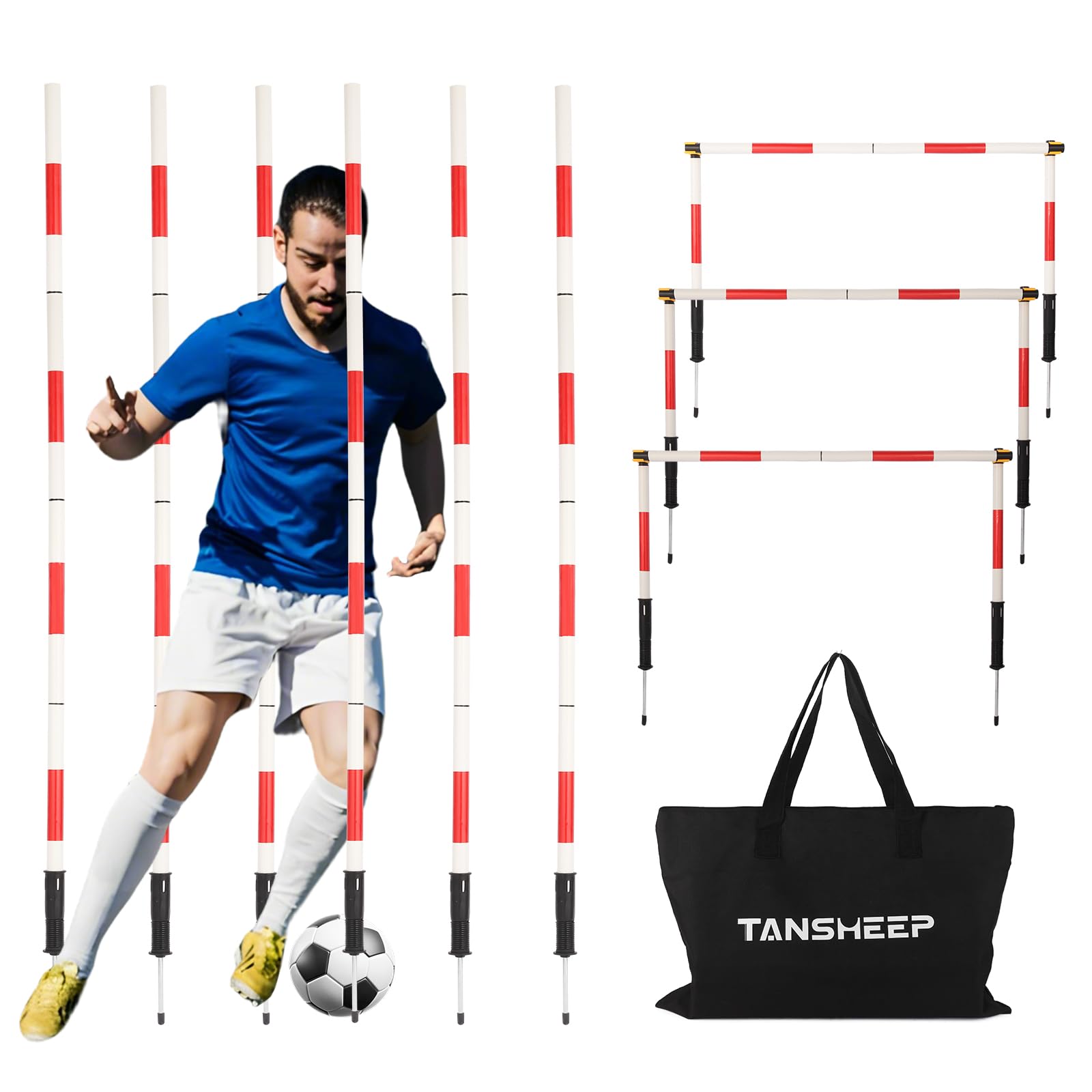 Set di Pali per Allenamento di Agilità Multifunzionale per Calcio Include 6 Pali per Agilità da Calcio, 3 Bastoni Orizzontali Regolabili, 6 Fibbie e 1 Borsa da Trasporto.