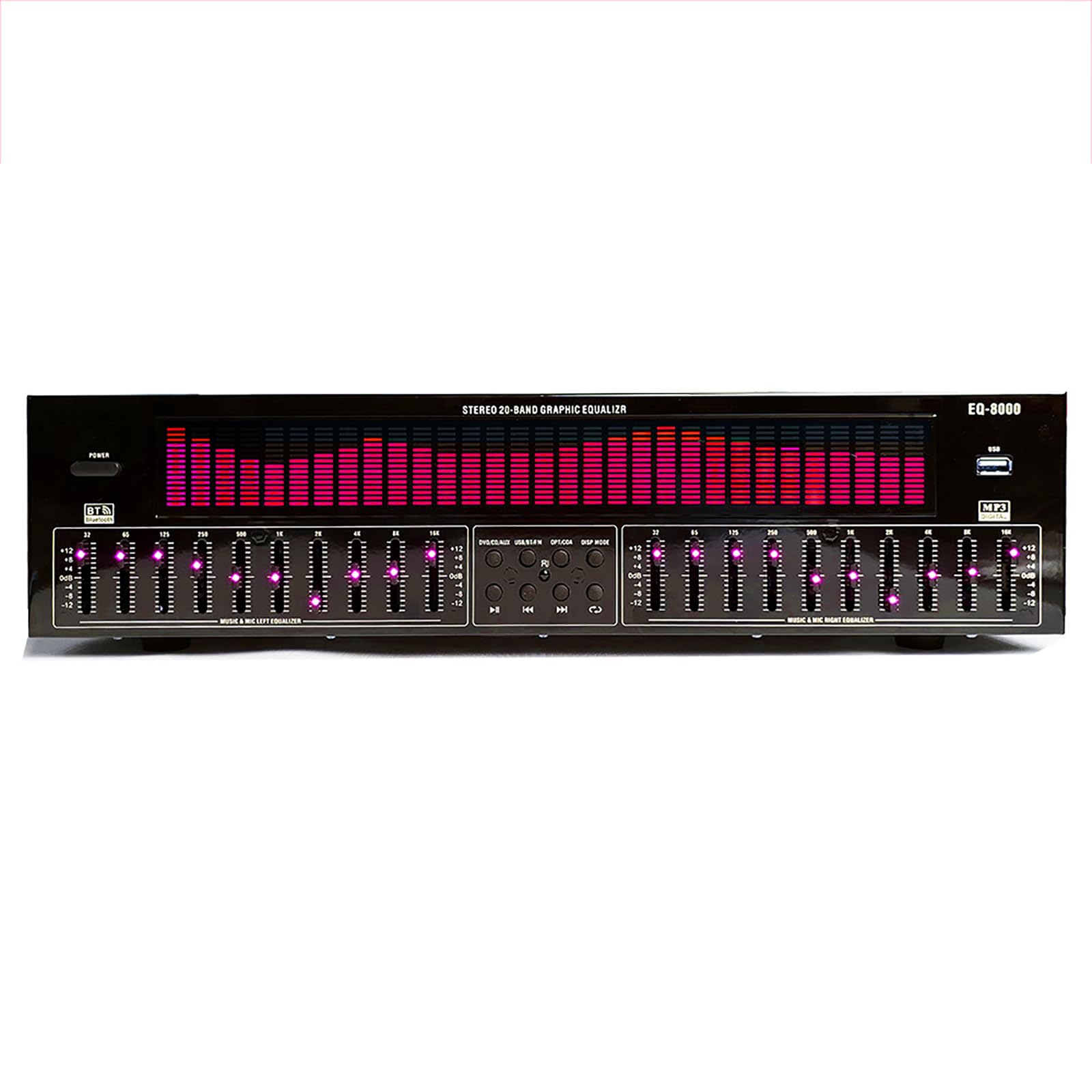 Korektor EQ, Profesjonalny Dekoder Cyfrowego Dźwięku, Obsługa Bluetooth, Światłowodu, Koncentrycznego, USB, DVD, CD, Wejścia AUX, 12 Rodzajów Trybów Odtwarzania Skokowego, 31 Dynamicznych Widm
