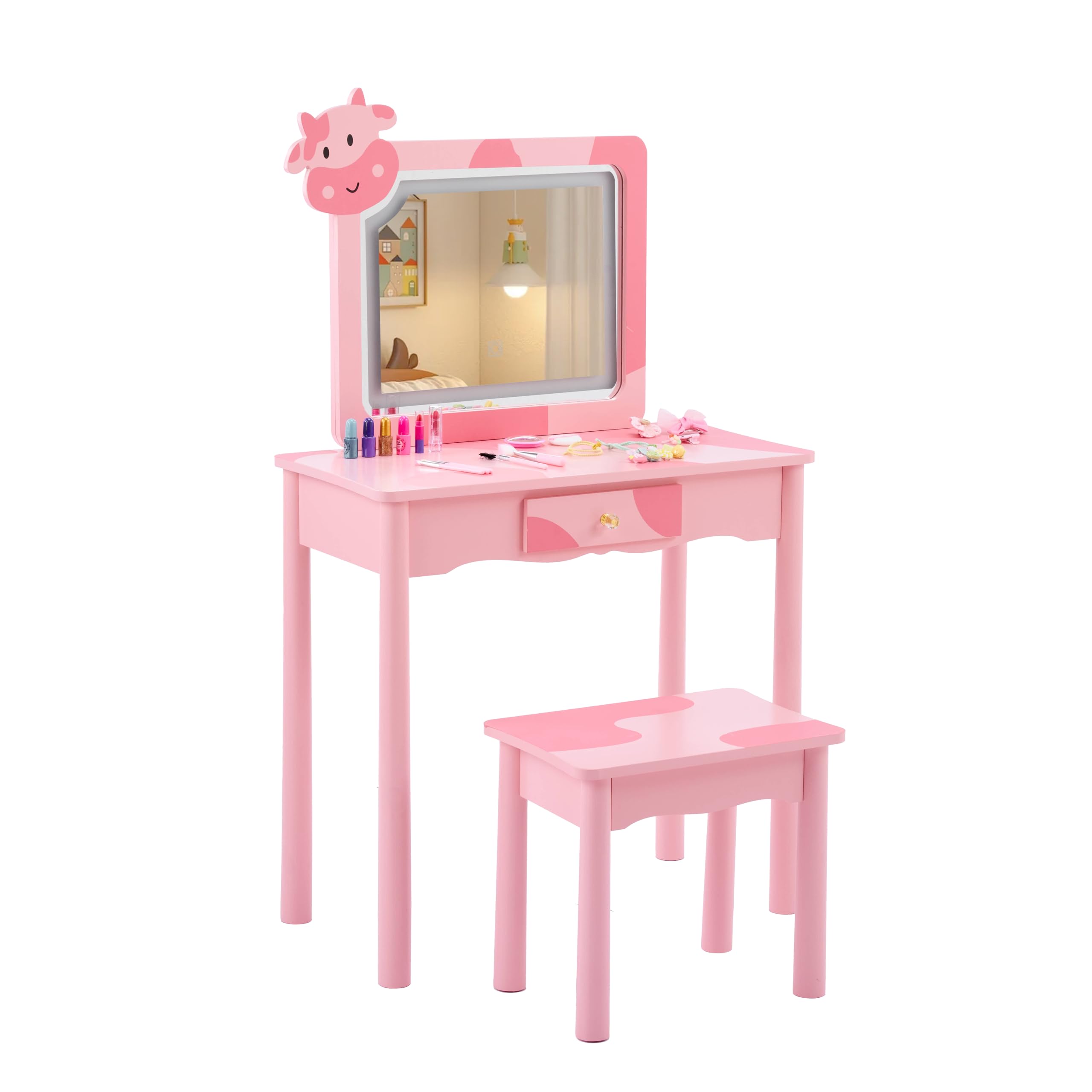 2 in 1 Study Desk and Stool Set,Wood Makeup Vanity Tables,Bedroom Dressing Table Set,Rectangular Wooden Activity Tables,with Mirror &amp; Drawer,for Small Space Living Room Study Room Playroom (Pink)