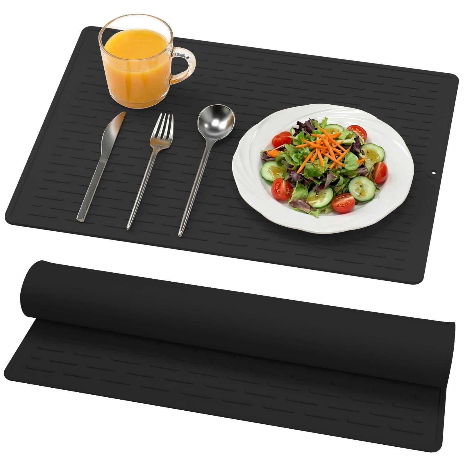 BLESWIN Silicone Dish Drying Mat with Built-in Grooves, 30 x 40 cm, Easy Clean Multi-Usage Dish Drying Pad for Kitchen Countertops, Sink Liner or Refrigerator Storage (Black)
