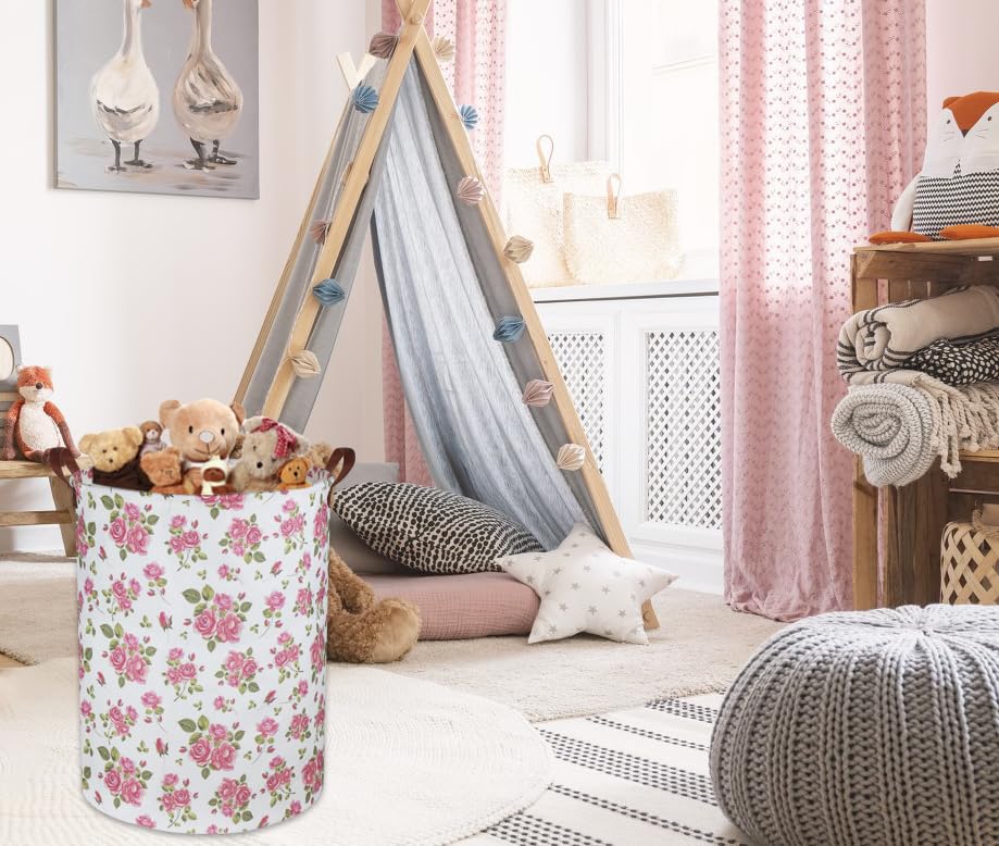 Image of Roses Pink Laundry Basket Baby Girls Laundry Hamper Kids Toy Storage Bins Organizer Gift Basket Pink Rose Bedroom Decor Bathroom(Pink Rose)