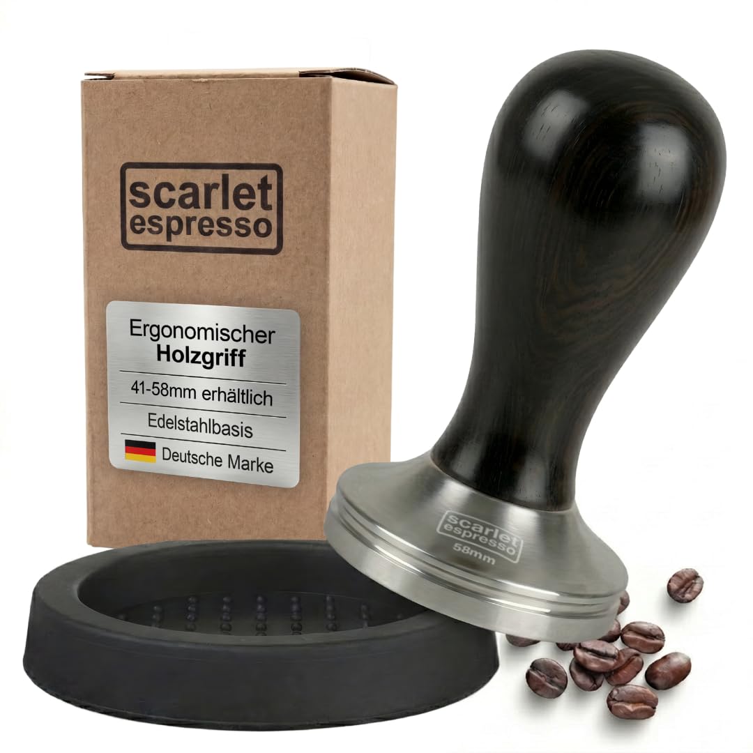 'Scarlet Espresso Classic – Prensador con marrón/negro inoxidable mango de madera para cafeteras, Set Ebenholz - Schwarz + Tamper Ablage, 41 mm