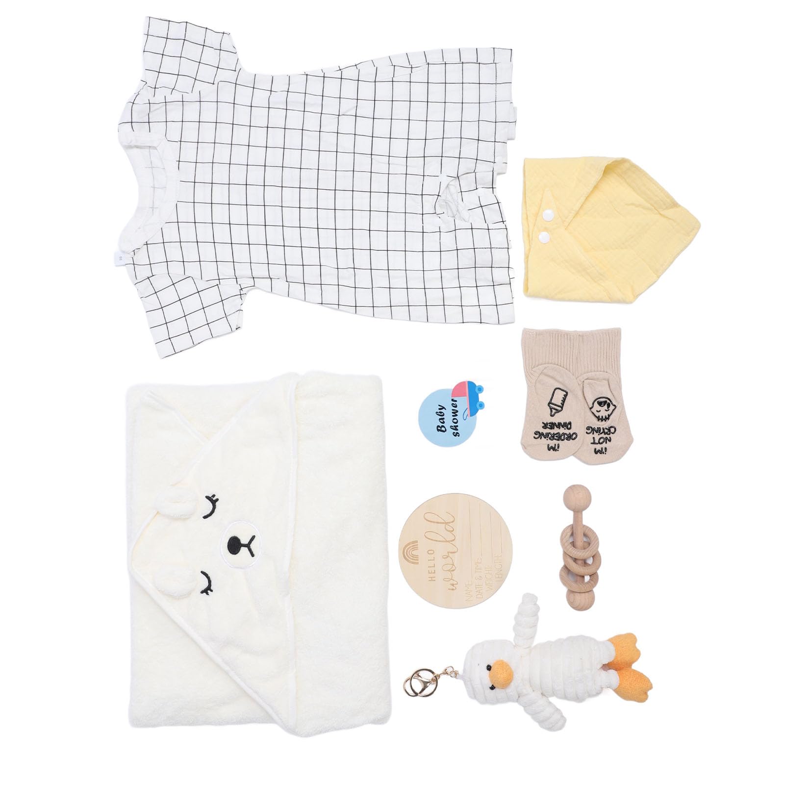 Cesta de Regalo para bebé, Juego de Regalos para Baby Shower Recién Nacido con Ropa de bebé Neutra, Manta, Baberos, Calcetines, Muñeca, Sonajero de Madera, Tarjeta de Felicitación para Niños