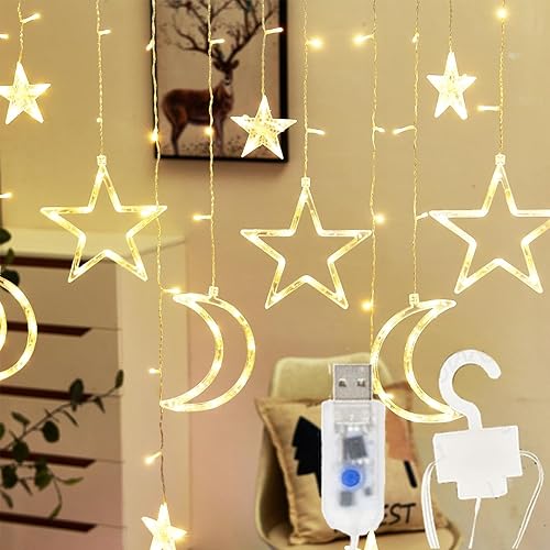 Cortina decorativa estrellada de 7.5 pies, luces de lunas y estrellas, luz nocturna LED para decoración del hogar, fiesta, control remoto alimentado