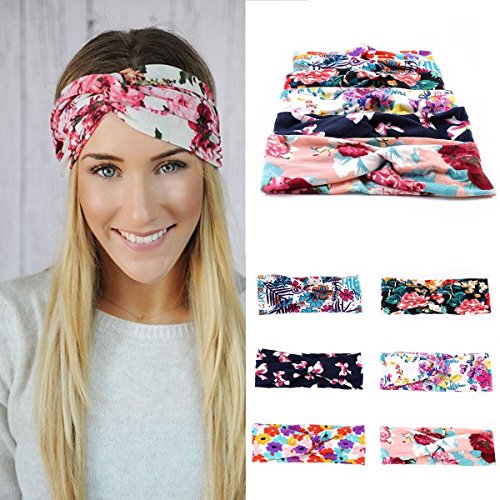 Boho Flowers Headwraps for Women Hair Bands for Girl Headband Bandana Turban Knotted Yoga Elastic Cute Bow Hairbands (Pack of 6 Flower Printed)