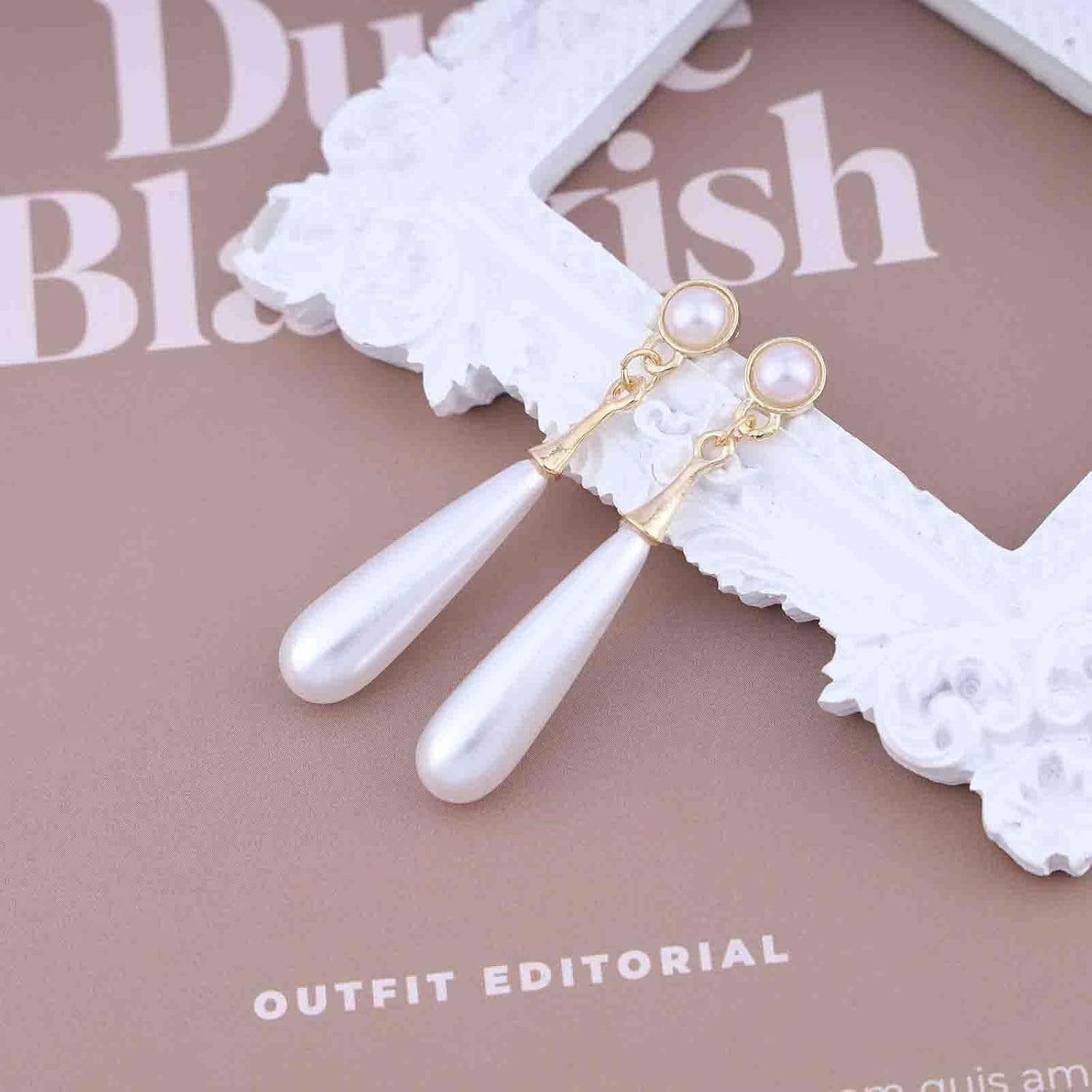 Boho Pearl Teardrop Earrings Gold Elongated Pearl Stud Earring White Pearl Earring Long Bead Dangle Earrings Jewelry for women - Image 3