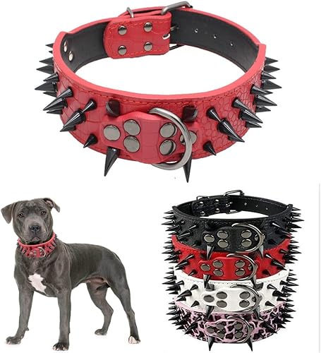 Hotlion Sharp - Collar de perro con remaches de piel sintética con tachuelas, de 2 pulgadas de ancho, ajustable para perros medianos y grandes,