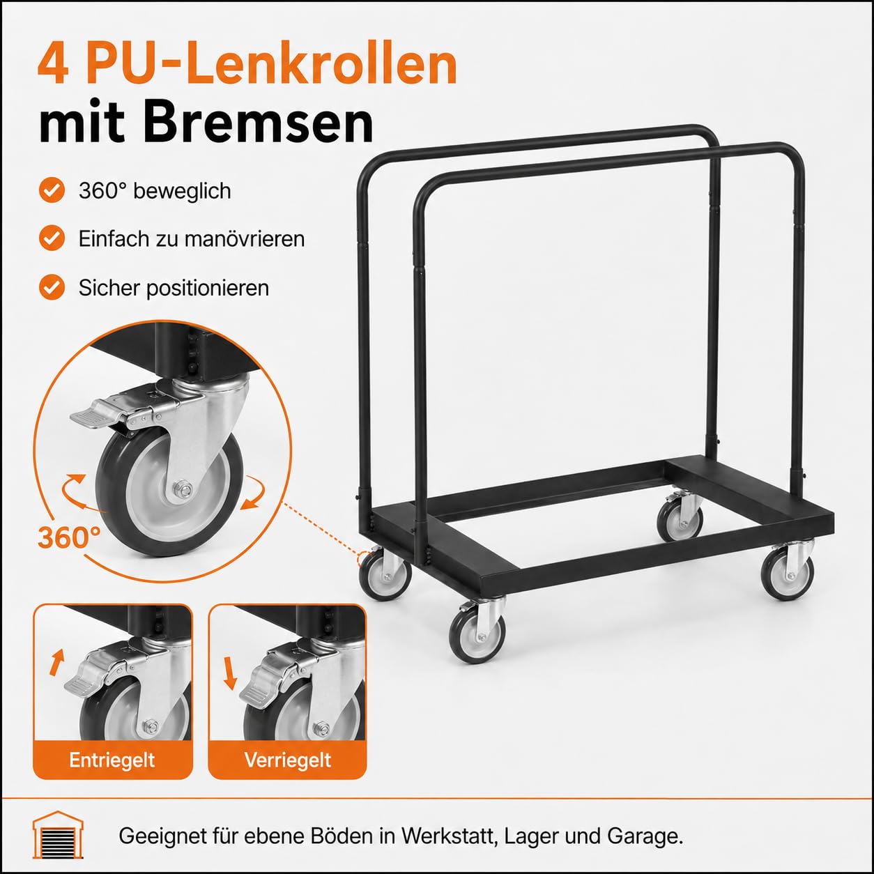 Plattenwagen 680 kg Tragkraft mit 4 Lenkrollen und Bremsen, Plattentransportwagen aus Stahl mit Zurrgurt, für Holzplatten, Gipskarton, Türen und Paneele