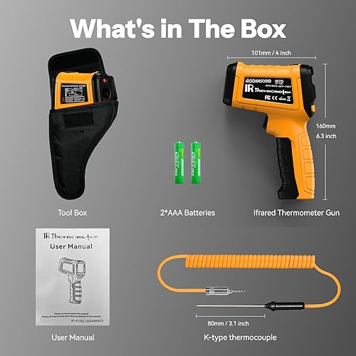 Miniatura 7 de Pistola de termómetro infrarrojo de -58 °F a 2732 °F, pistola de temperatura IR con sonda tipo K para lecturas internas, herramienta de termómetros