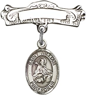 Sterling Silver Baby Badge with St. William of Rochester Charm and Arched Polished Badge Pin 7/8 X 7/8 inches