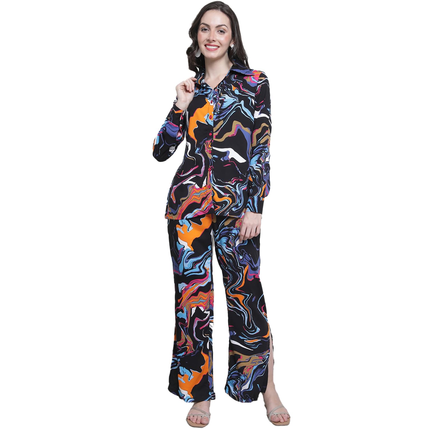 Black Abstract Printed Shirt with Flared Trousers for Women/Cord Set for Women-image-0