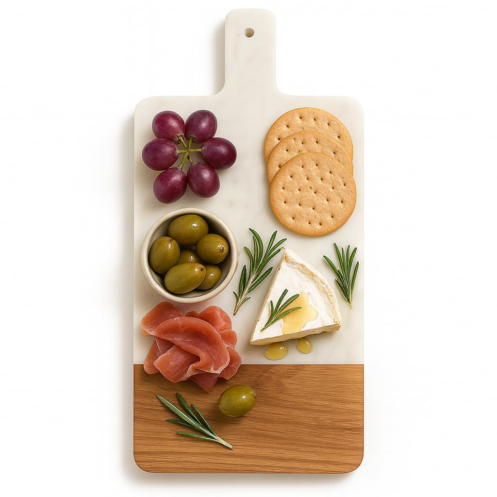 Tabla de embutidos de madera de mármol y acacia con asa, tabla de queso de 16 x 8 pulgadas, bandeja de servir para bodas, inauguración de la casa, regalos de entretenimiento