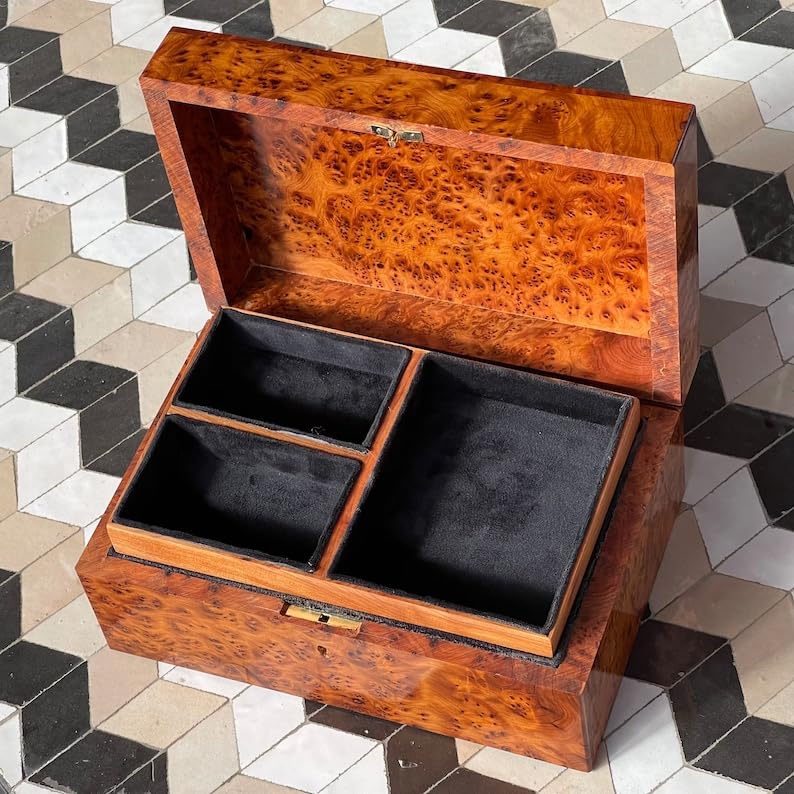Large Thuya Burl Lined Jewelry Box, 10”x6” Wooden Keepsake Memory Box Lined with Velvet