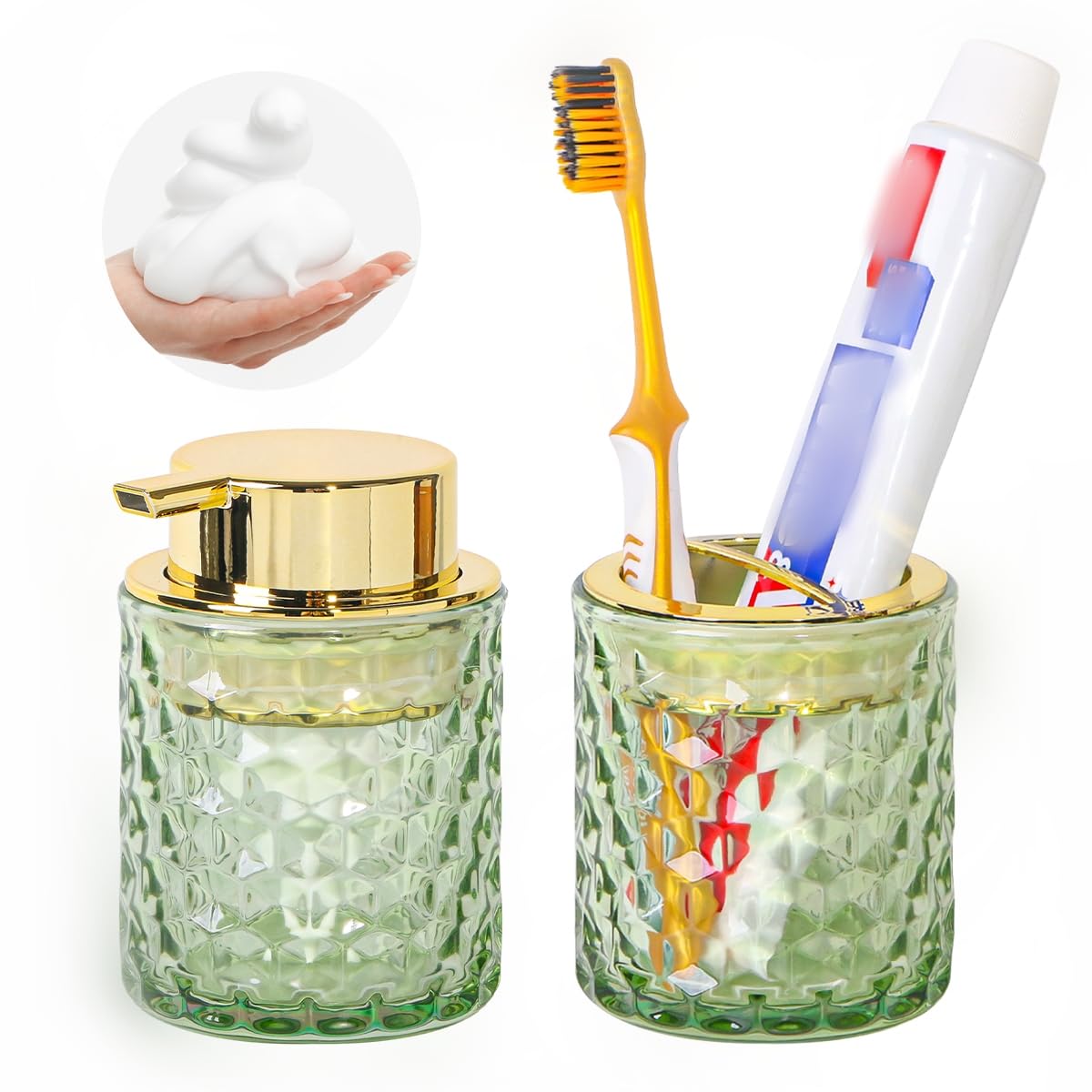 Juego de accesorios de baño de vidrio grueso, soporte dorado para cepillo de dientes y pasta de dientes, dispensador de jabón espumoso y soporte para cepillos de dientes, bonito organizador de