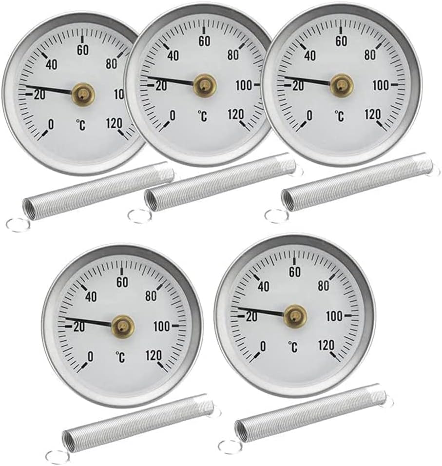 – 63mm Pipe -on Dial Thermometer Temperature Round Plate Gauge with Spring,Range 0-120℃, Aluminum Case, 5Pcs Set, Silver
