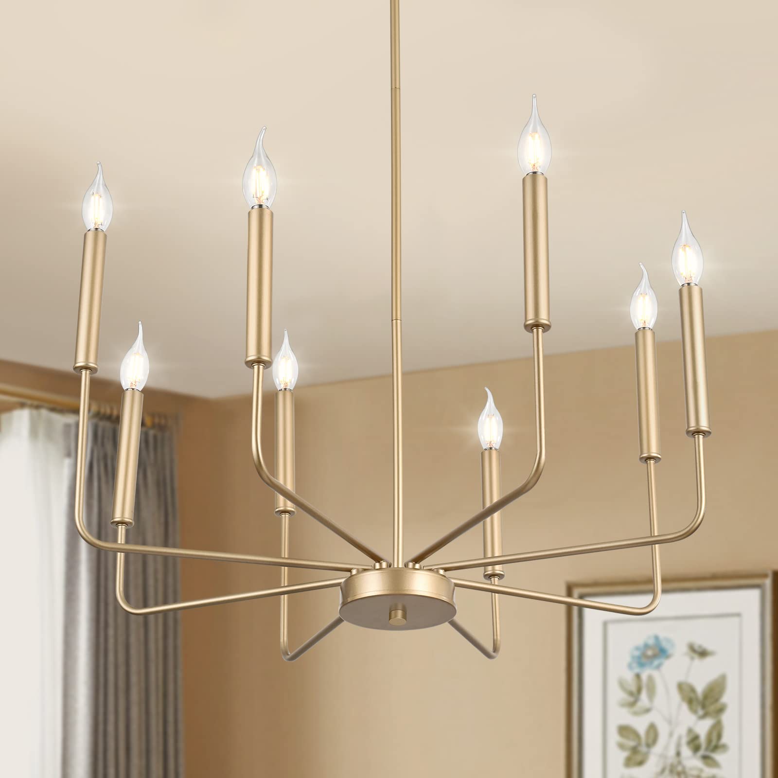 WOKNOS Modern Gold Farmhouse Chandeliers, 8-Light Industrial Metal Chandelier Lighting, Classic Candle Hanging Pendant Light Fixtures for Kitchen Bedroom, Dining Room, Living Room,Foyer UL Listed