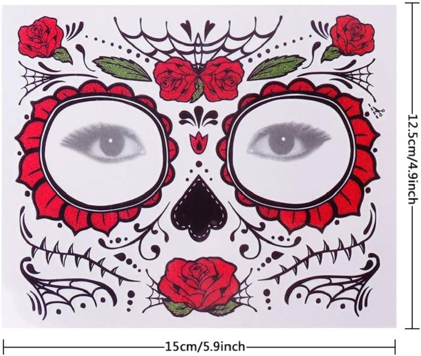 4 Pack Day of The Dead Sugar Skull Face Temporary Tattoo Halloween Makeup Tattoo Stickers for Halloween Masquerade Party(Floral, Red Roses,Black and Floral Skeleton)