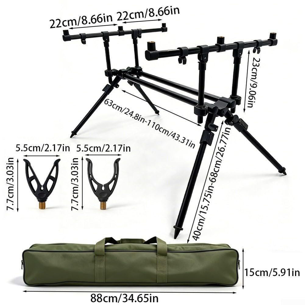 Allungabile Carp Fishing Stand 63-110cm Lega di Alluminio | Robusta lega di alluminio, capacità a 3 canne, altezza regolabile, ideale per pesca alla carpa, rive del lago