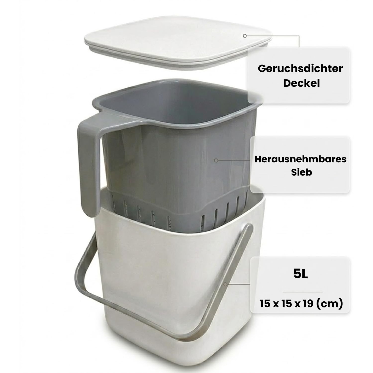 EasyCookAsia Küchen Bio-Mülleimer 5L – Geruchsdichter Komposteimer mit Sieb & Deckel – Spülmaschinenfest – Kompakter Bioabfallbehälter für die Arbeitsplatte