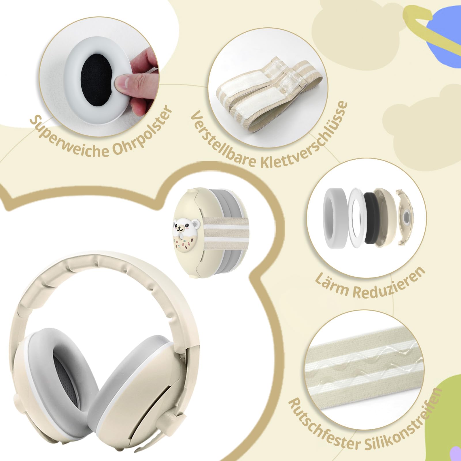 Robofun 2-in-1 Gehörschutz Baby Kopfhörer, Neugeboren Ohrenschützer mit Geräuschunterdrückung & Verstellbares Kopfband, Baby Kopfhörer Lärmschutz für Babys bis 48 Monate - Beige