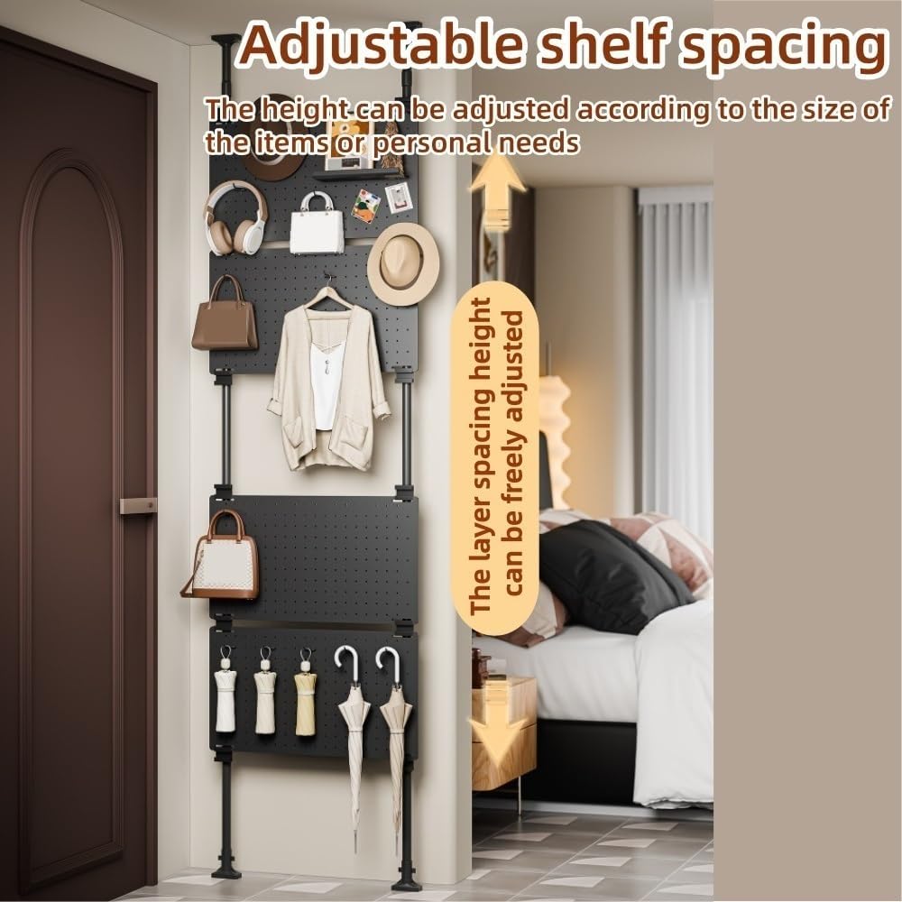 Narrow Entryway Organizer with Pegboard, Multifunctional Pegboard Standing, No-drill Display Rack with Hooks for Behind Door, Studio & Office(4 layers)