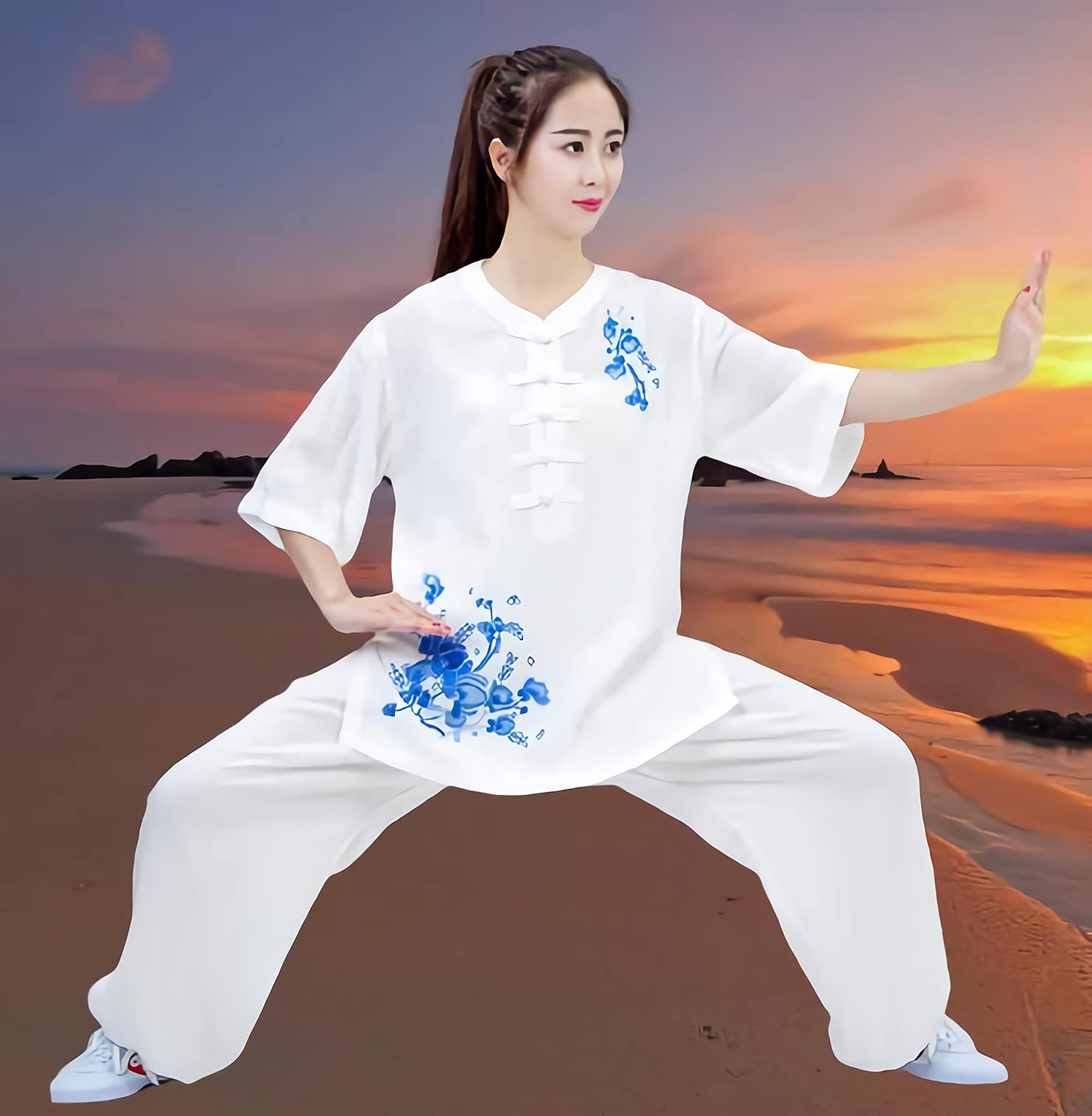 Odzież Qigong Kobiece lato, elegancka letnia lniana bawełniana Linentai Chi z krótkim rękawem, spodnie Taichi Quan Lantern Odzież do ćwiczeń Ubrania Haft Niebieski-XXL