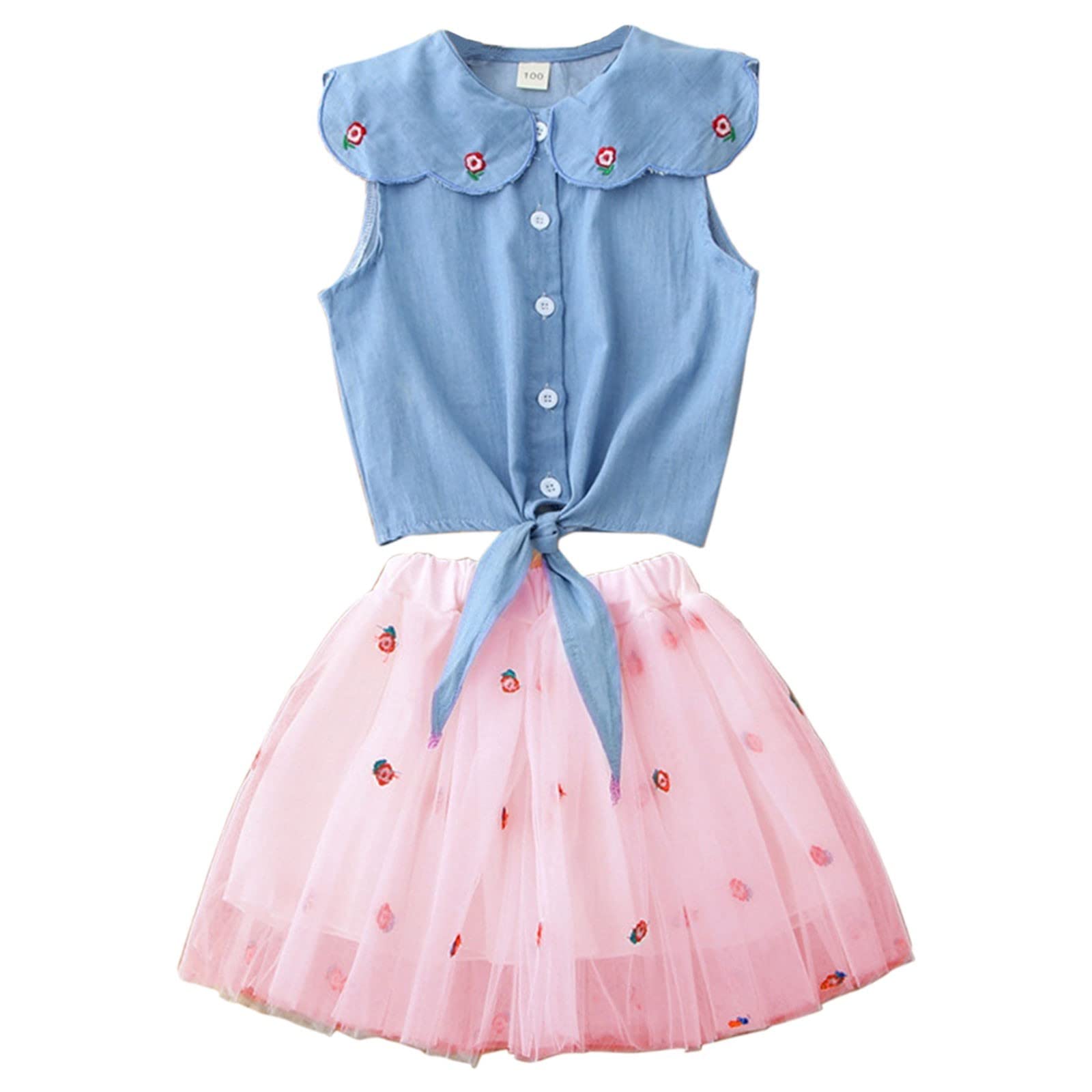 Generic Verano versión coreana de comercio exterior ropa infantil niña vaquera bordado top princesa malla falda conjunto dos piezas niñas rockeros