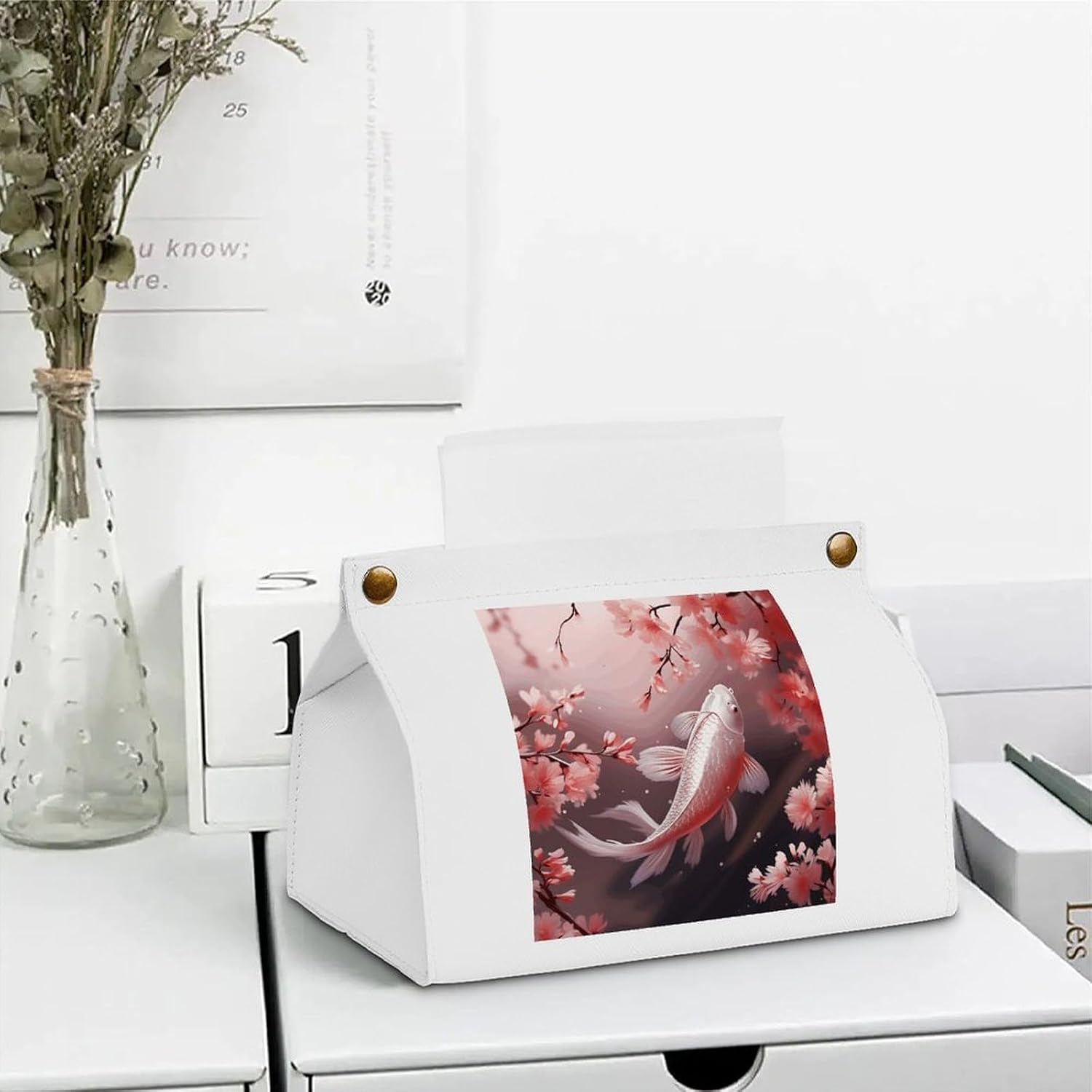 Decorative PU Tissue Paper Holder Cherry Blossom Red Carp Printed Tissue Box Cover Napkin Tissues Organizer Home Decor for Bathroom Night Stands Desk Car Dining Table image 5