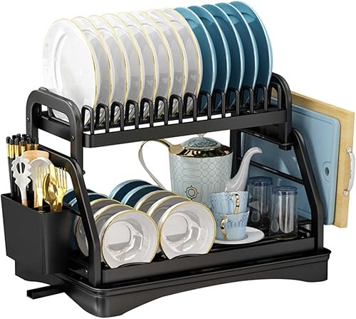 JUSHZ Escurridor de platos Escurridor Escurridor sobre el fregadero Escurridor Con bandeja de goteo Metal de 2 niveles Con soporte para cubiertos