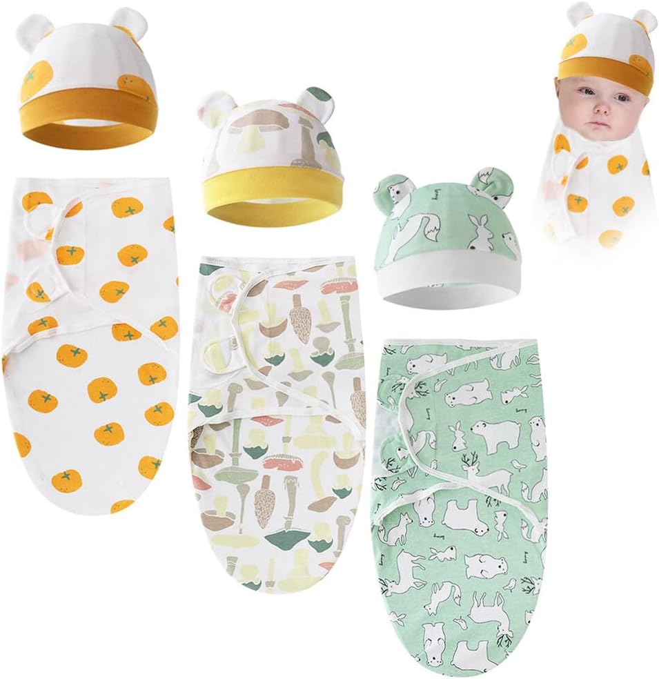 3 Sets Baby Swaddle Sleep Sack with Hat Set, Soft Baby Swaddling Blankets Cute Swaddling Blankets for 0-3 Months