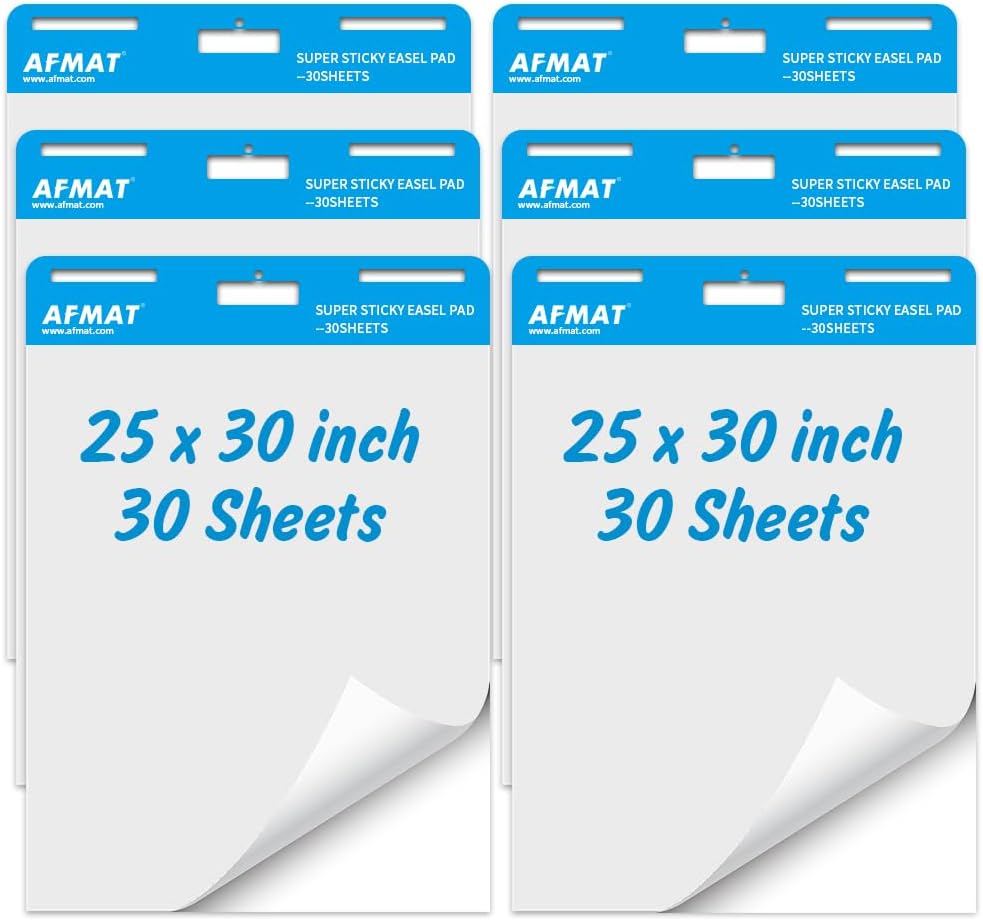 AFMAT Sticky Easel Pad, UPGRADED Chart Paper for Teachers, Large Self Stick Flip Chart Easel Paper, 25 x 30 Inches, 30 Sheets/Pad Chart Paper, 6 Pads
