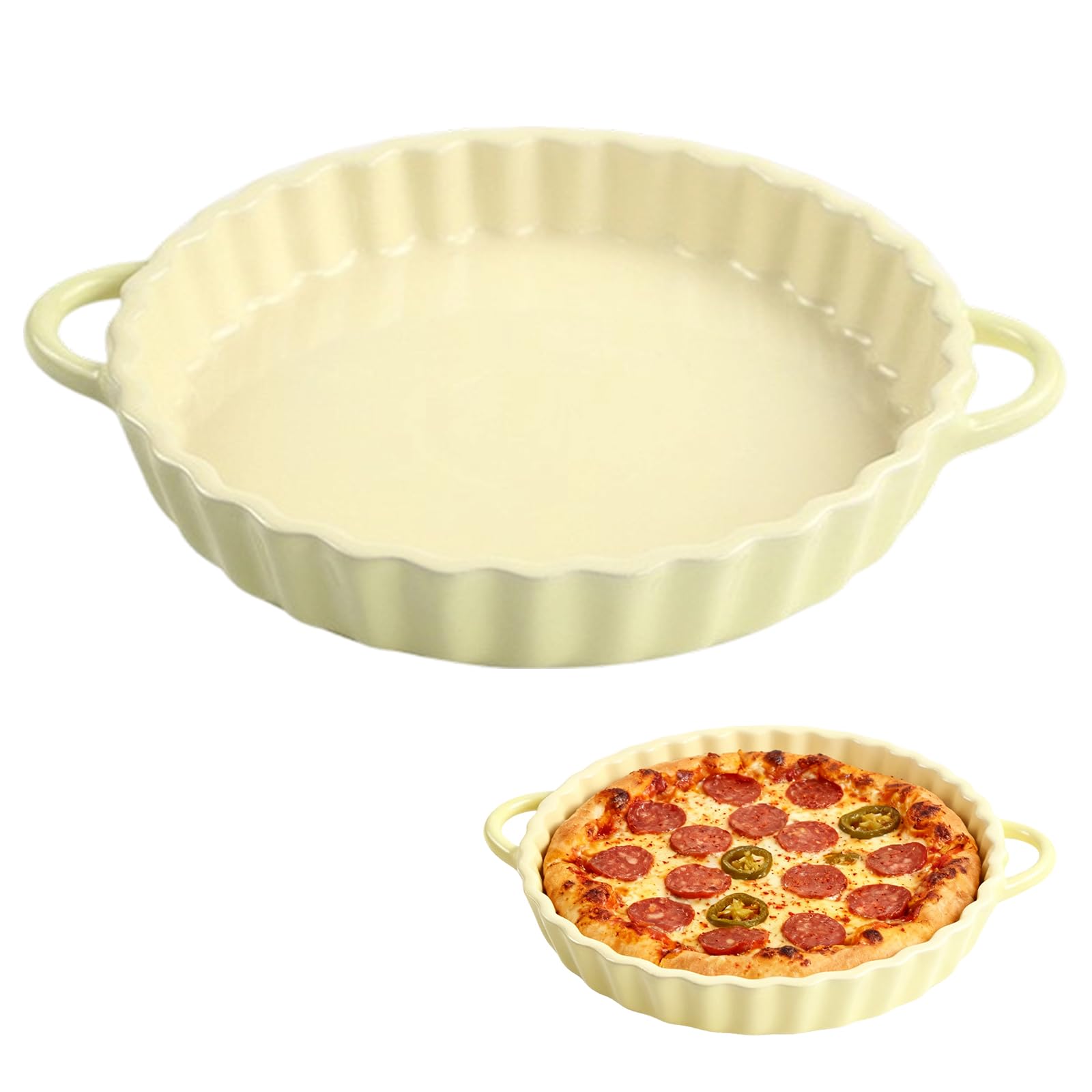 FARYODI Molde de cerámica profundo para tartas, 21 x 4,2 cm, redondo, con asas, para tartas de quiche, revestimiento antiadherente, apto para microondas, lavavajillas y horno (beige)