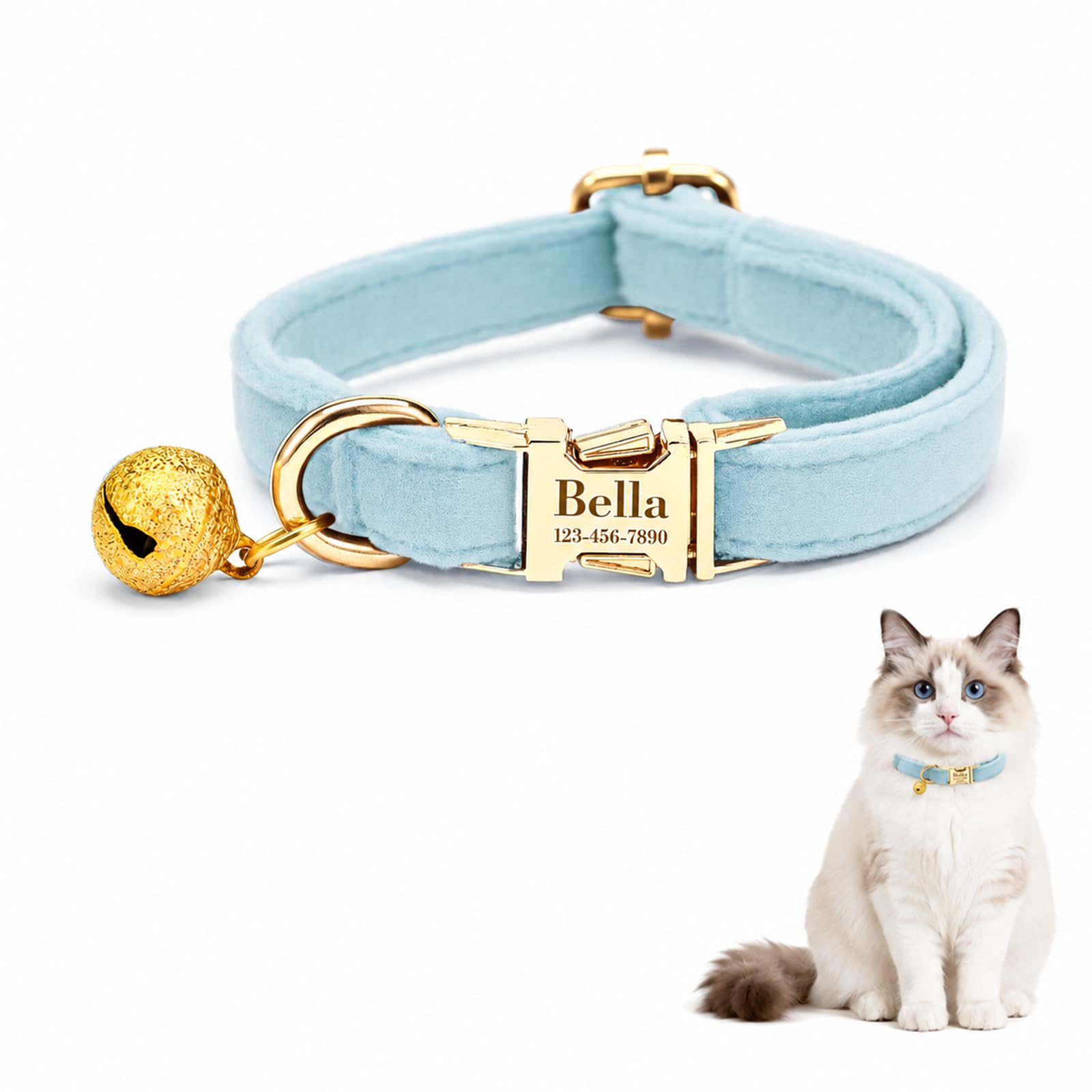 Custom Cat Collar with Bells Personalized Small Cat Collar Engraved Name &amp; Phone Number with Secure Metal Quick-Release Buckle Adjustable (Light Blue)