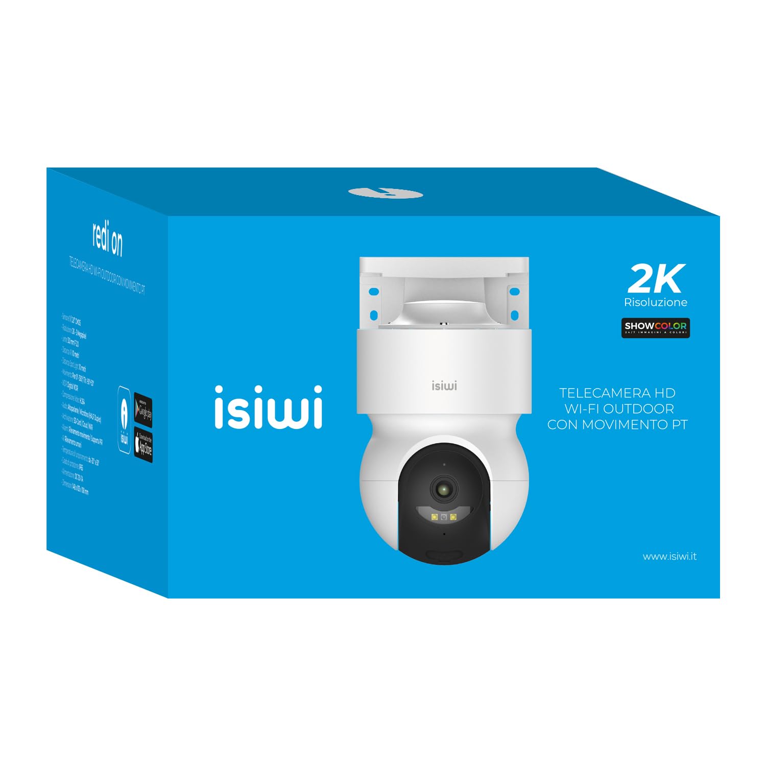 Redi ON Telecamera Motorizzata Wi-Fi Uso Esterno per sorveglianza, 3MP, SD Card, IP65, Rilevazione Umani PIR, Audio, Compatibile con Alexa/Google, App per smartphone