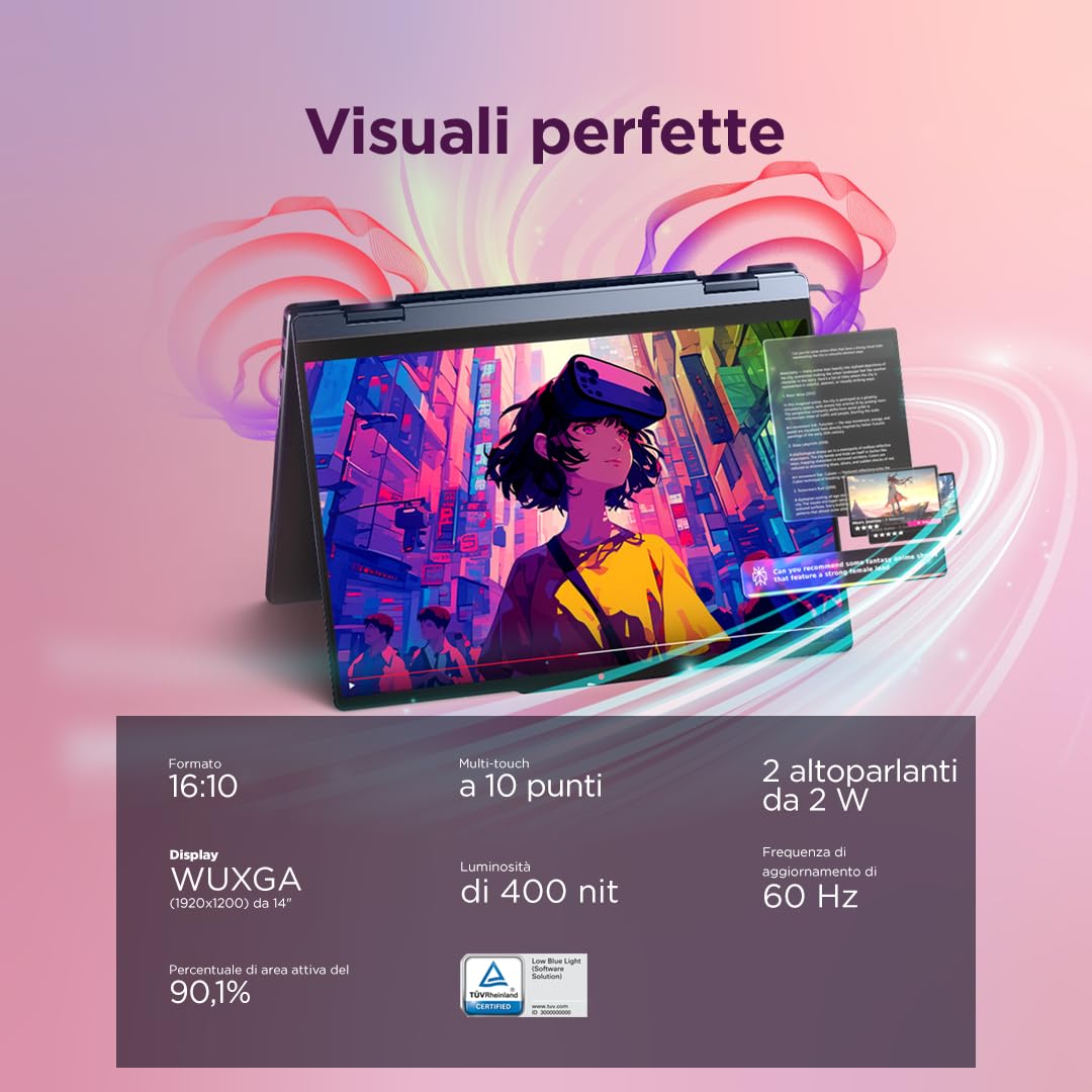 Lenovo IdeaPad 5 2in1 Notebook Display 14" Touch IPS, AMD Ryzen 7 250, RAM 16GB, 512GB SSD, Digital Pen inclusa, Windows 11, Tastiera italiana QWERTY, Chassis in alluminio - Caricatore non incluso