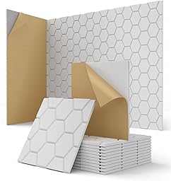 Acoustic Wall Panels Self Adhesive, Honeycomb Peel and Stick Sound Absorbing Panels for Walls, Decorative Hexagon Design Art Tiles for Studio, Home Office, Gaming Room, 12 Pack 12"x12"x0.4", White