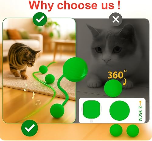 Miniatura 7 de Pelota de juguete interactiva para gatos, color verde, bola inteligente para gatos con 2 accesorios de cola, modos de color brillante, doble