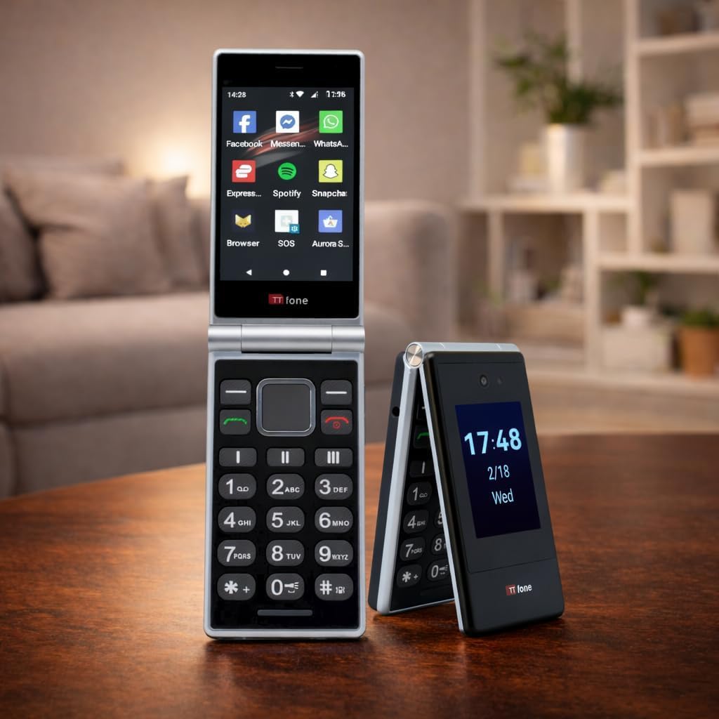 TTfone TT990 4G Klapphandy mit Android 14 (De-Googled), WhatsApp, 3,5" Touchscreen, SOS-Taste, große Tasten, 64GB