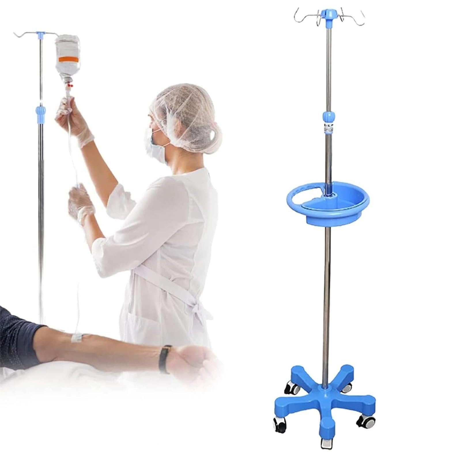 XINGLUOY Stainless steel IV stand - with armrest/storage tray Adjustable height medical for geriatric hospital/clinic/home