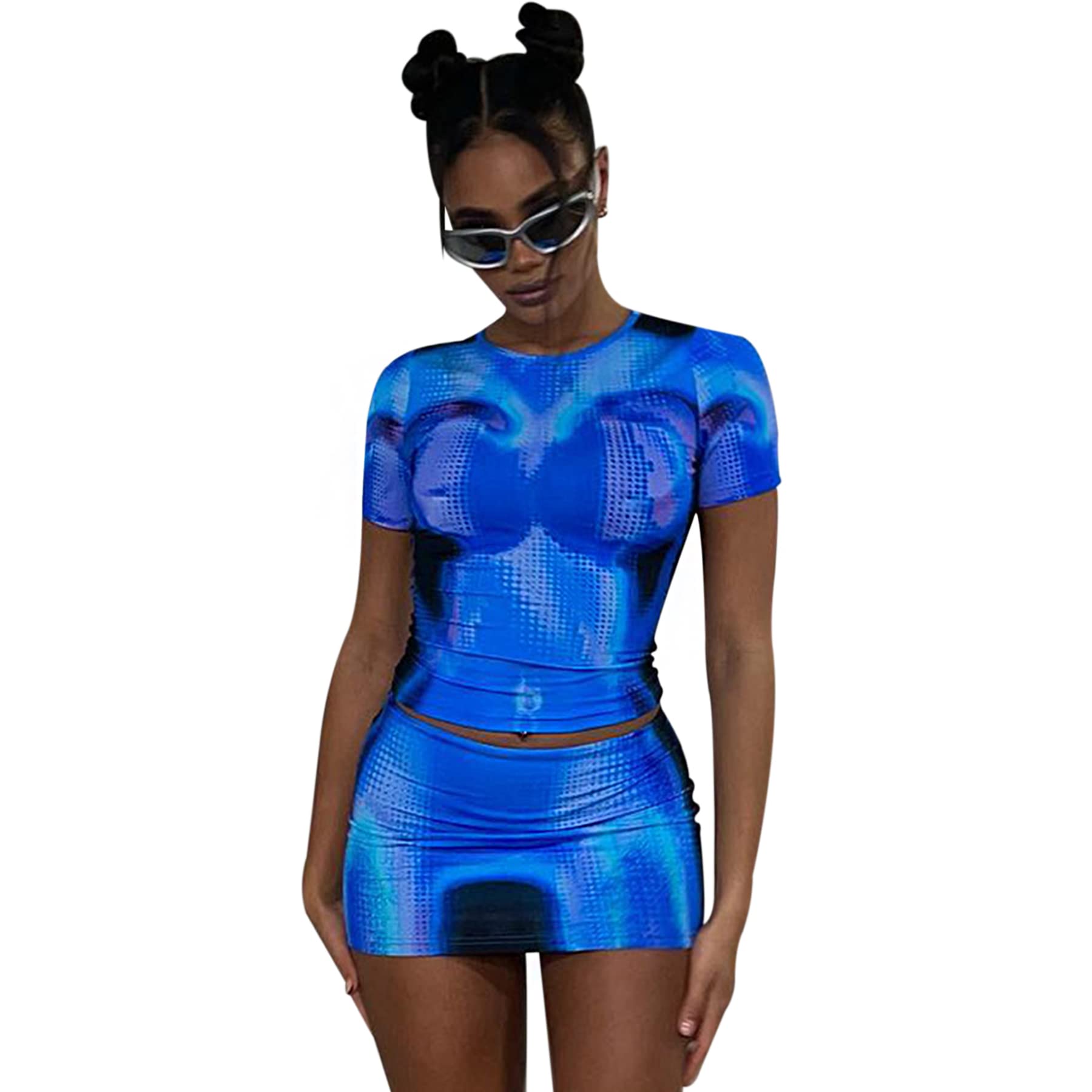 Women 2 Piece Outfits Hipster Y2K Aesthetic Body 3D Print Round Neck Slim Crop Top Bodycon Mini Skirt Set
