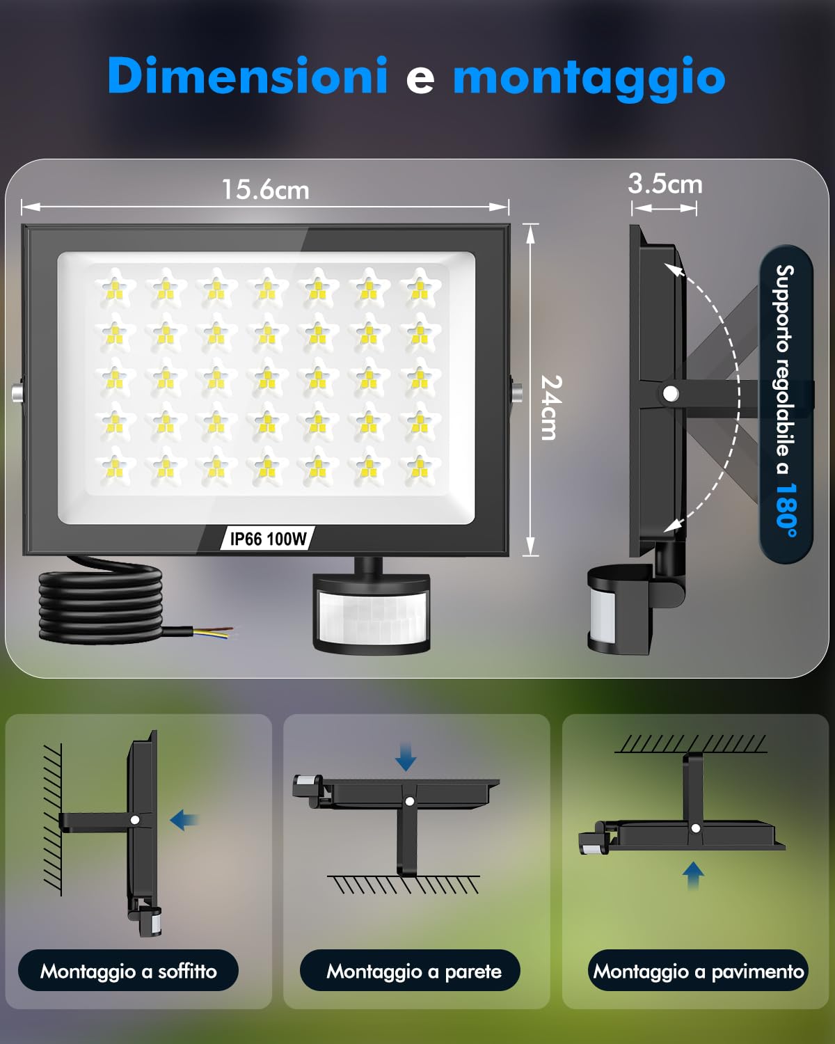 Faretto LED da Esterno con Sensore di Movimento, 100W 10000LM Faro Proiettori - 105Leds 6500K Bianca Fredda Luci di Sicurezza, IP65 Impermeabile Lampade da parete per Garage Cortile Giardino