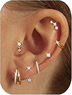 Small Stud Hoop Earrings for Women - 7 Pairs Hypoallergenic 14K Gold Plated Huggie Earring Sets for Multiple Piercing Dainty Earring Stacks Cute Cartilage Jewelry Trendy Gifts