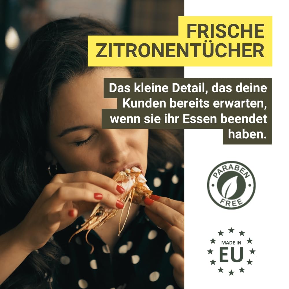 GPQ - Zitronentücher für die Hände | 500 Stk. | Frisch, feucht und aus 100% biologisch abbaubarer Zellulose | Ohne Parabene | Bars, Restaurants, Catering, Grillfeste, etc... | Made in EU