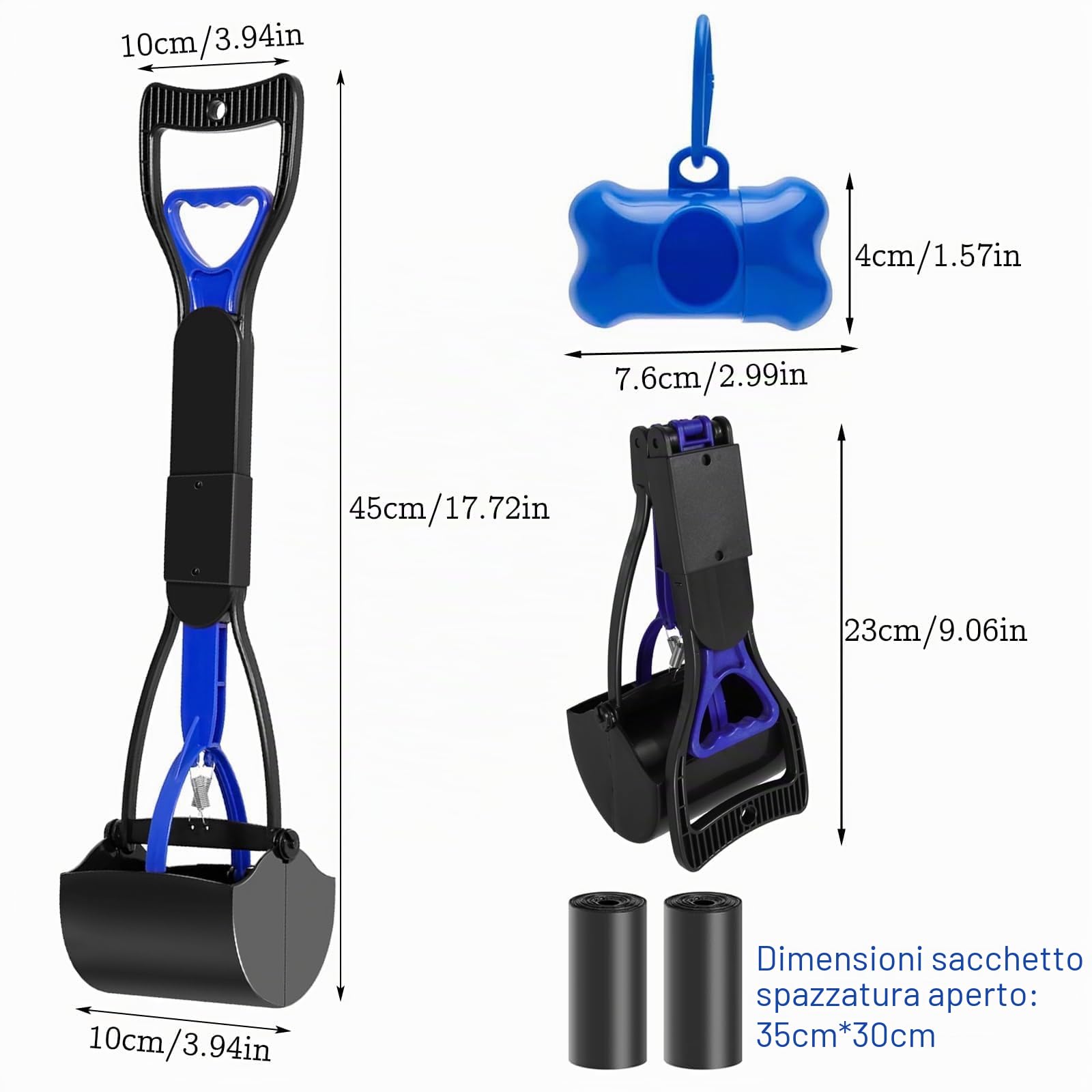 Paletta Raccogli Cacca Cani per Raccogli 45cm Cacca Cane Pieghevole Paletta per Cacca con Sacchetti Cane Cacca, Portasacchetti Cane Cacca Cane Paletta Cacca Cane per Raccogli Feci Cane (Blu)