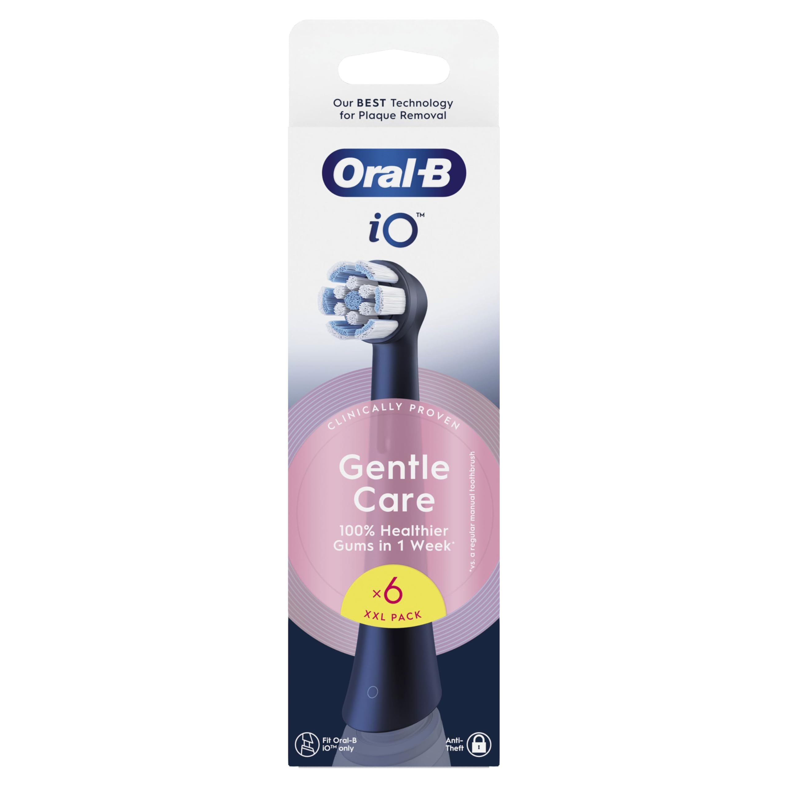 Oral-B Testine di Ricambio iO Gentle Care, Nere, 6 Ricambi - 6 Testine di Ricambio per Spazzolino Elettrico, Rotonde Originali per Gengive Sensibili, Setole Angolate per Rimuovere la Placca
