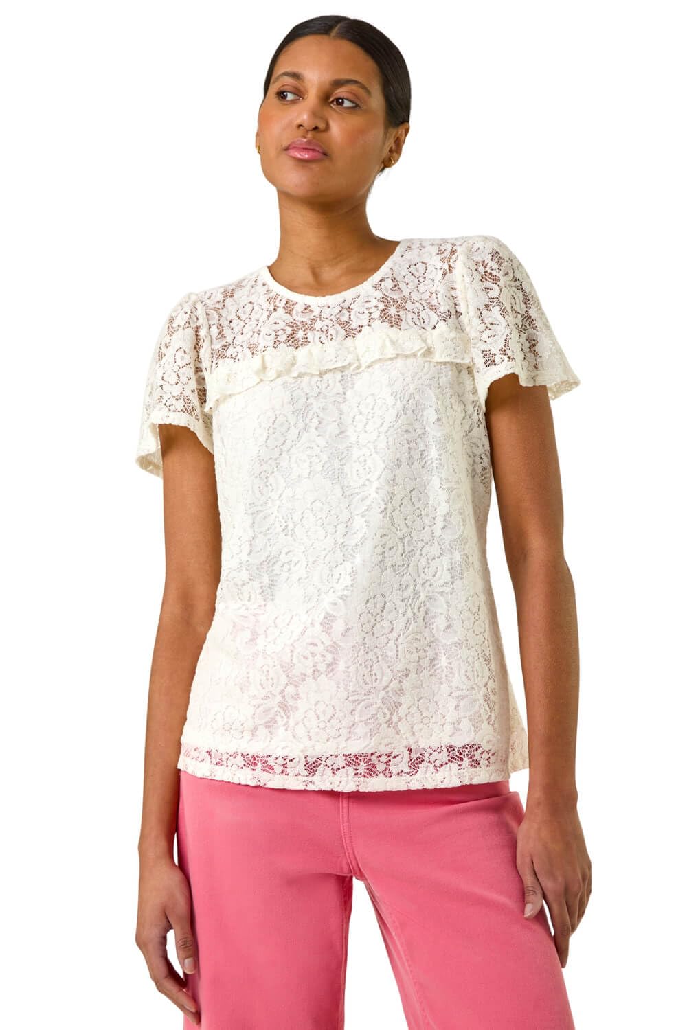 Roman Originals Lace Frill Top for Women UK - Ladies Everyday Holiday Spring Summer Round Neckline Comfy Soft Evening Vacation Work Party - Ivory - Size 18