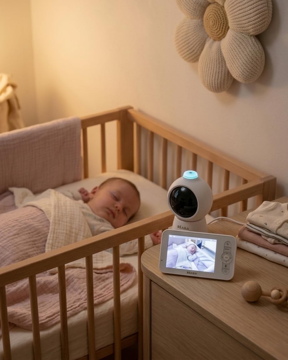 BÉABA Zen Smart AI Babyphone Vidéo 3 en 1, Blanc | Caméra 360° Full QHD 4MP, Écran HD 720p, IA Détection Retournement, Vision Nocturne, Application Mobile